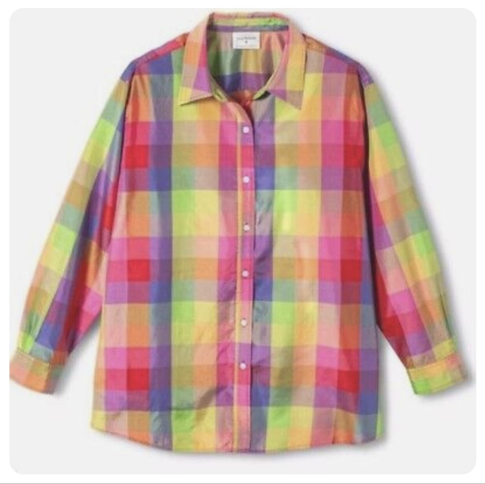 Isaac Mizrahi | Silk Blouse Rainbow Plaid Button Down Women’s Top (For Target) - Picture 6 of 8
